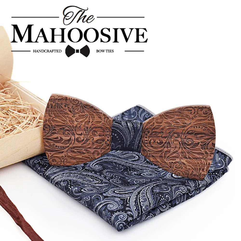 Elegant wooden bow tie set with rich texture and unique patterns.