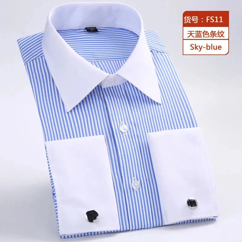 Model adjusting cuffs of Timeless French-Cuff Shirt, demonstrating its sophisticated style.
