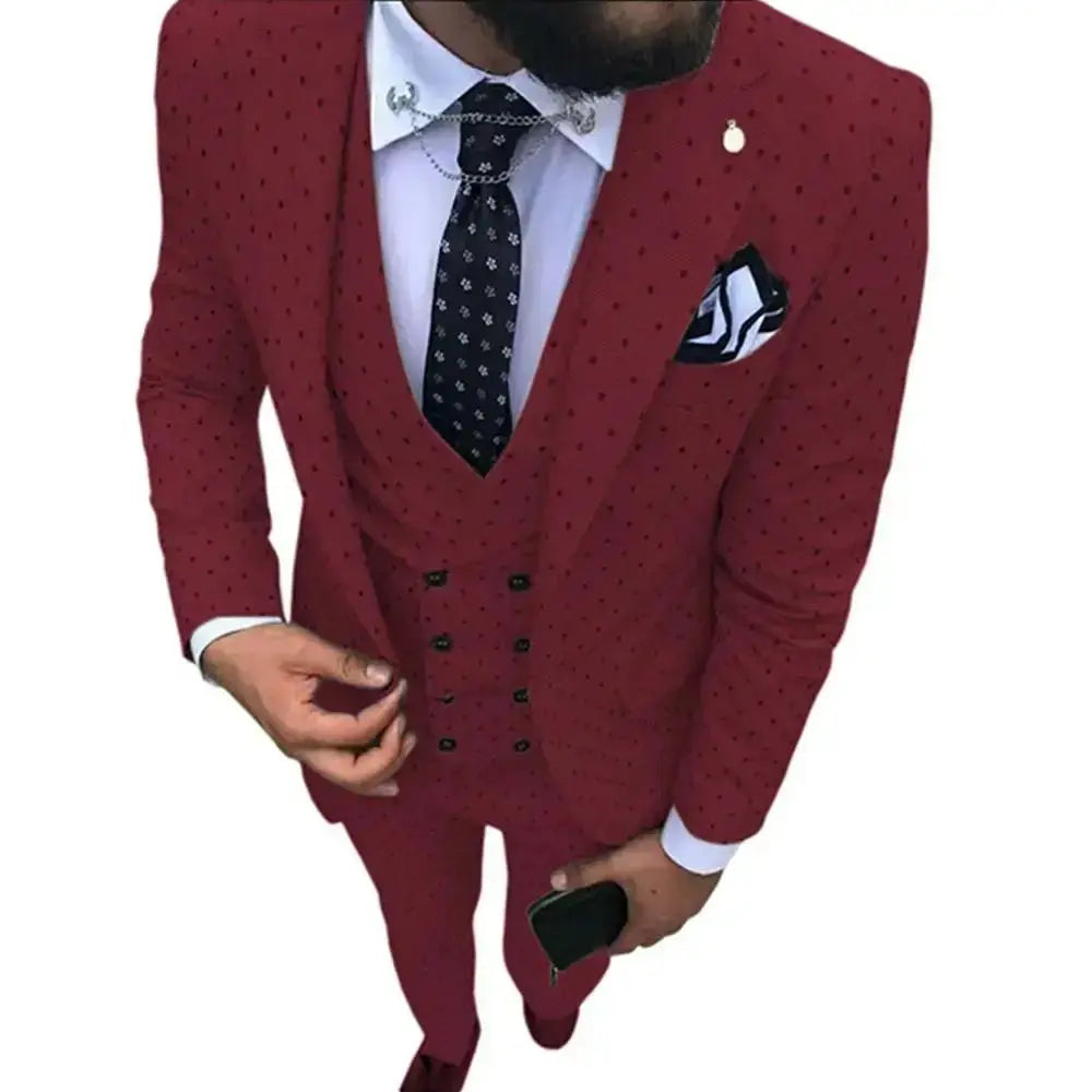 Navy suit displayed with shoes, showcasing a complete outfit.