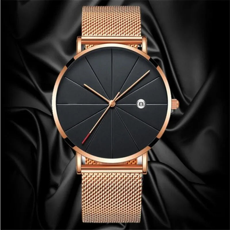 Stainless steel quartz watch with 8mm thin case and modern numberless dial