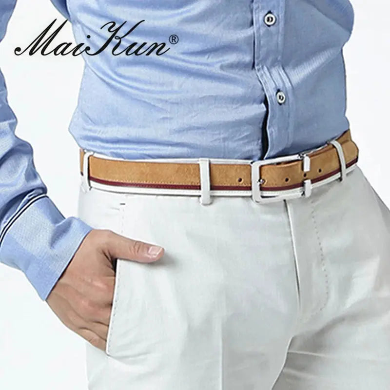 Close-up of the metal pin buckle on a confidence-boosting belt.