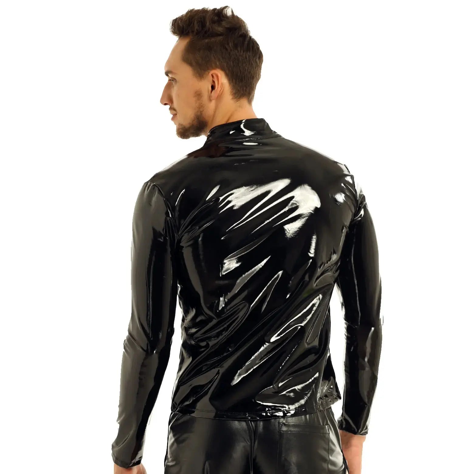 Fitted metallic patent leather shirt designed for upscale parties and events
