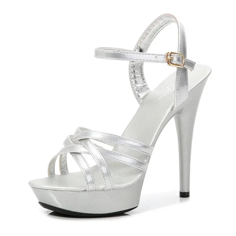 Glamorous cross-tied platform heels with buckle closures for year-round elegance