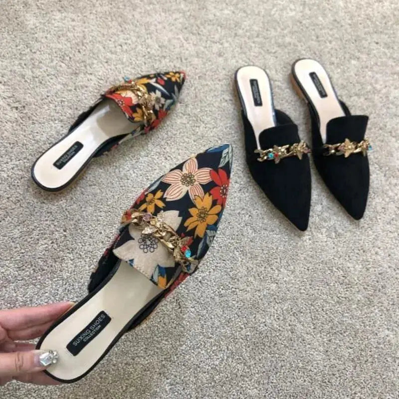 Floral Whisper Slippers in soft silk with elegant floral embroidery and metal chain decor.