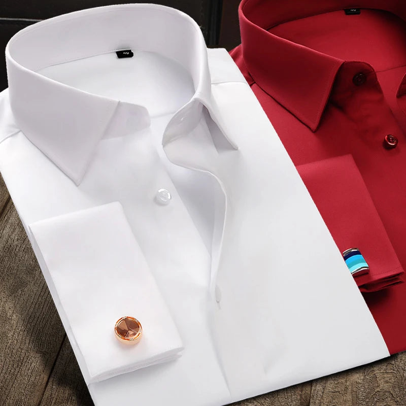 White mercerized cotton French cuff dress shirt with classic square collar on white background