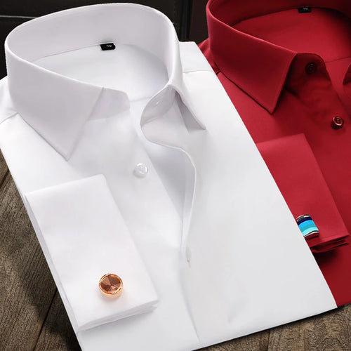 White mercerized cotton French cuff dress shirt with classic square collar on white background