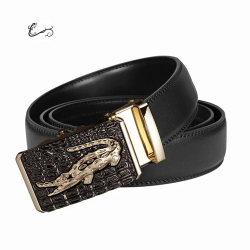 Sleek black automatic leather belt with zinc alloy buckle.