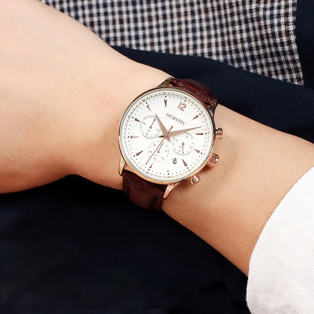Water-resistant OCHSTIN watch with luxurious leather band.