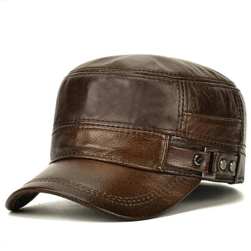 Autumn Air cap in brown cowhide leather, showcasing rugged style and warmth.