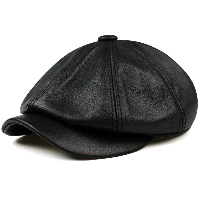 Multiple sizes of the Autumn Whisper leather cap displayed, emphasizing its flexible fit for all head sizes.