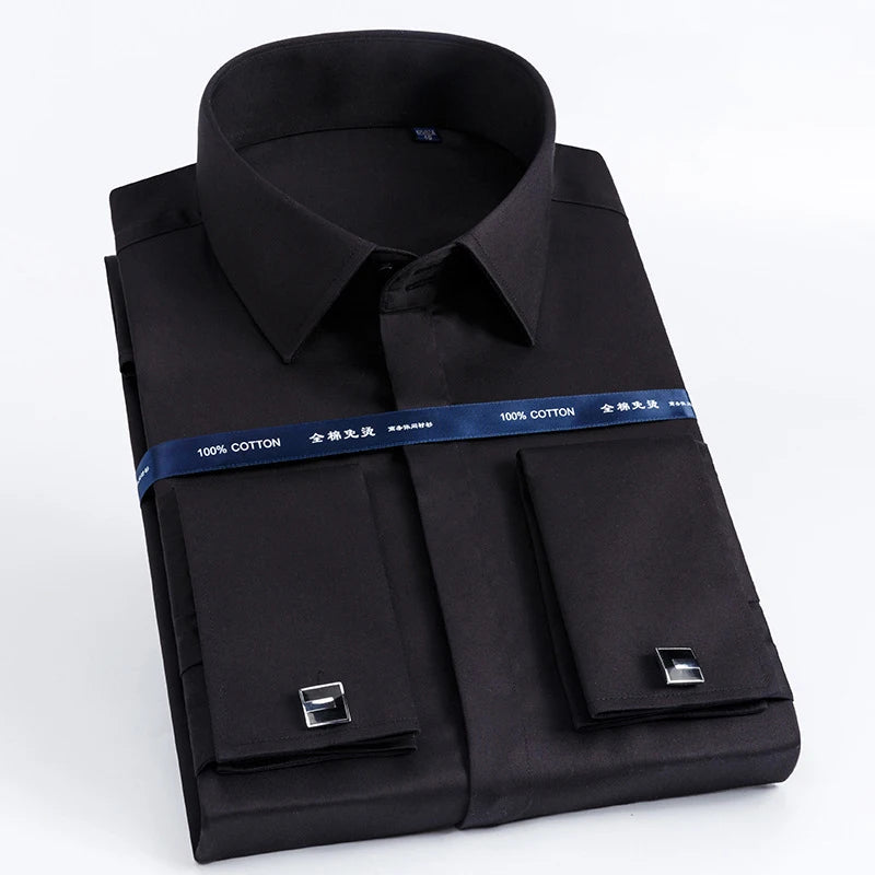 French cuff dress shirt paired with navy suit and patterned tie for professional look
