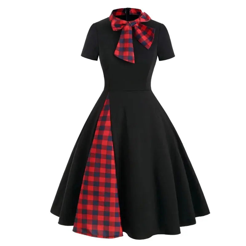 Vintage red plaid midi dress with bow tie neck, perfect for summer parties.