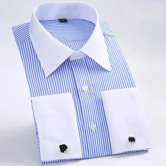 Side view of the striped dress shirt, showcasing its breathable fabric and fit.