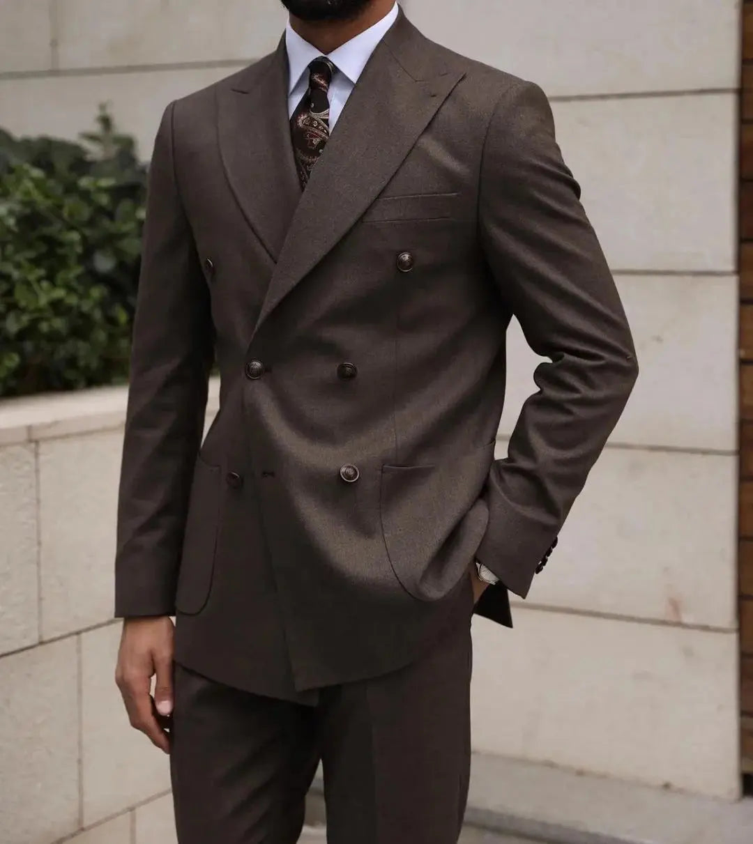 Close-up of the double-breasted design showcasing tailored lapels and high-quality stitching.