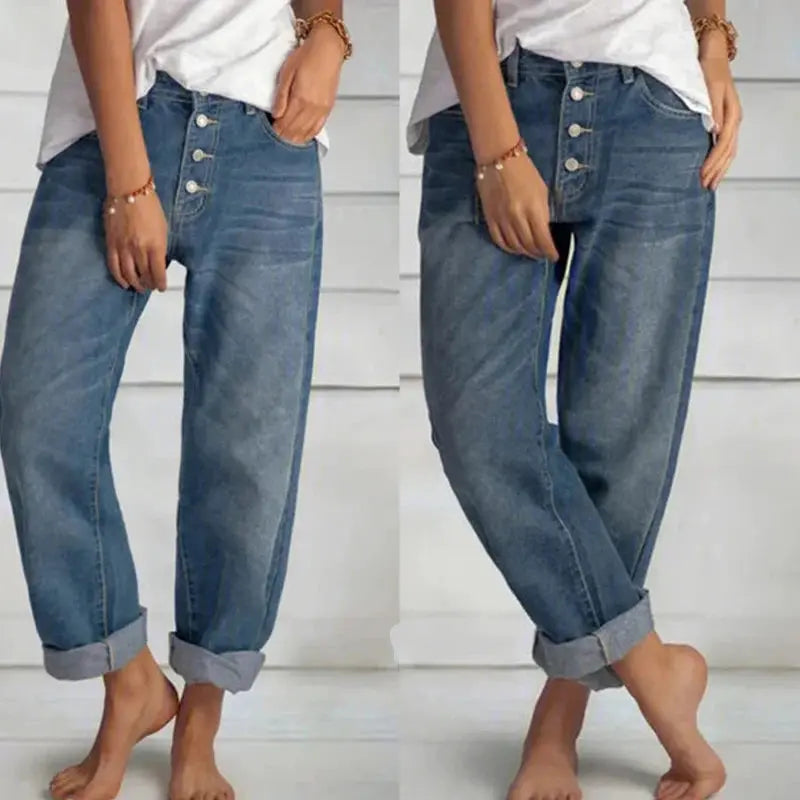 High-waisted Sunlit Mornings wide-leg jeans in light blue denim, perfect for casual chic outfits.