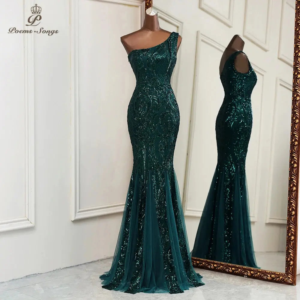Captivate the Gala one-shoulder gown in shimmering sequins, perfect for elegant evening events.