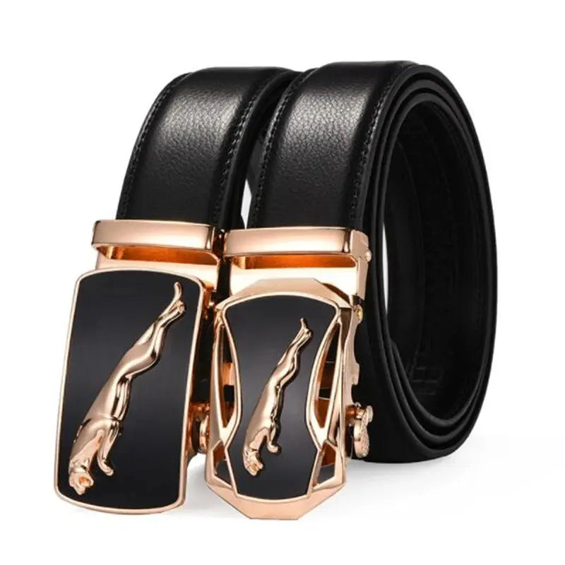 Sleek black faux leather belt with automatic buckle for men.