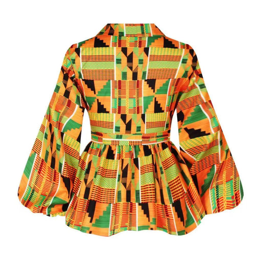 Woman's pullover top featuring authentic African heritage print, V-neckline, and long sleeves in lightweight polyester