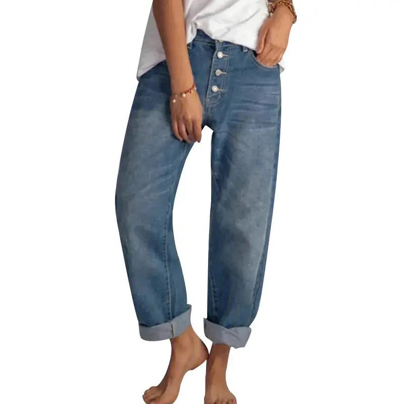 Back view of high-waisted Sunlit Mornings jeans, emphasizing the flowing wide legs and flattering silhouette.