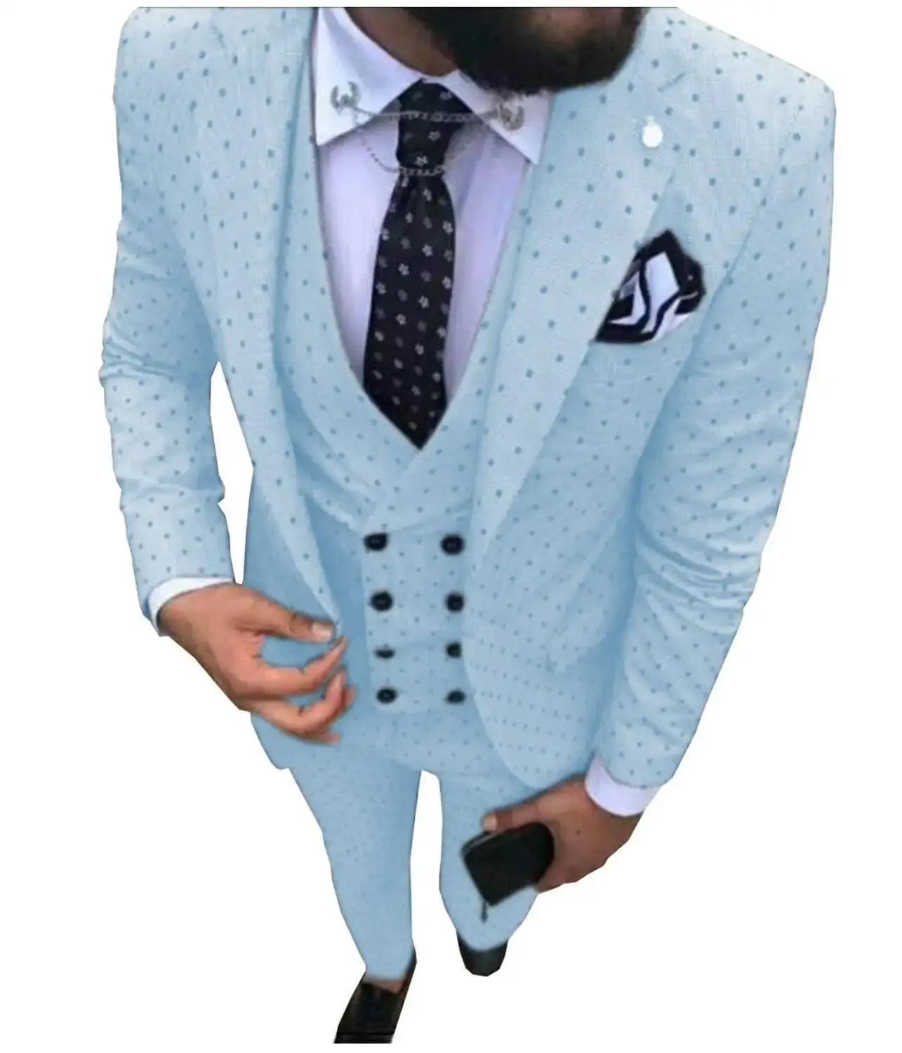 Three-piece suit styled with a classic tie for formal occasions.