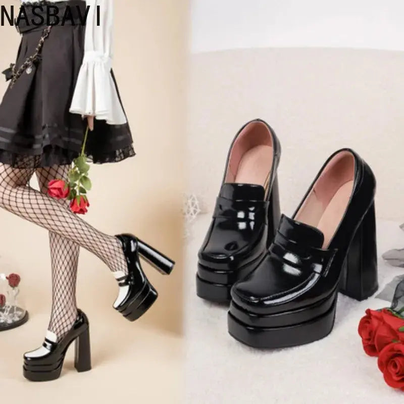 Side view of stylish square heel pumps designed for comfort and stability.