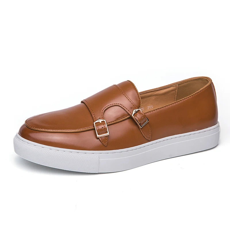 Top view of premium leather men's loafers with breathable construction