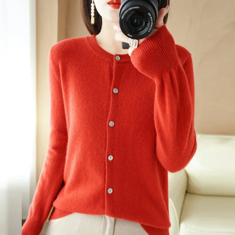 Side view of the Autumn Whisper Cardigan, illustrating its slightly loose fit.