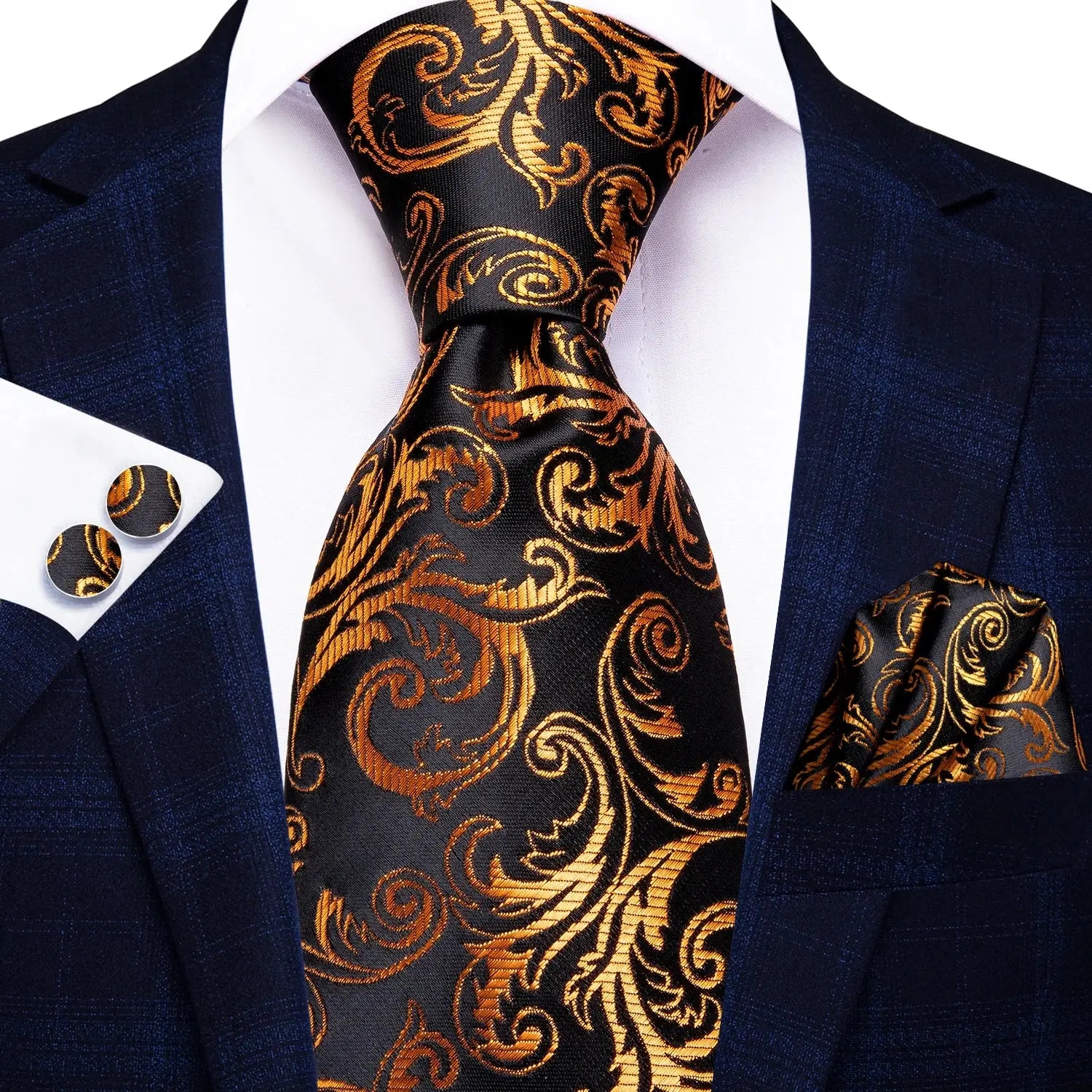 Complete formal tie set with cufflinks for a polished look.