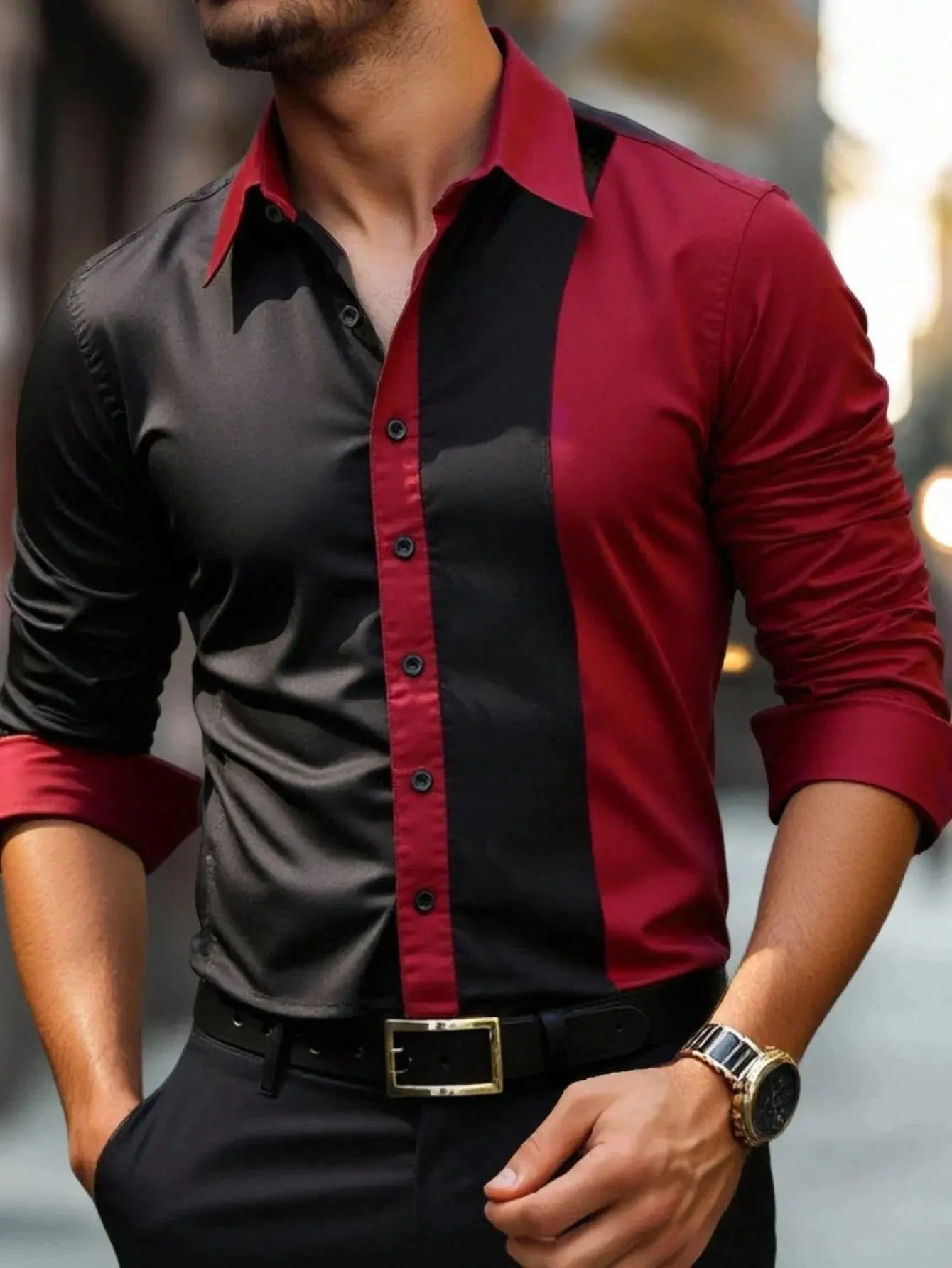Silk Serenity Shirt displayed on a hanger, showcasing its wrinkle-free appearance.