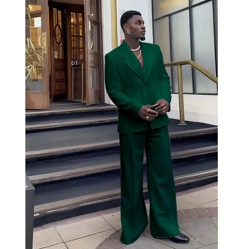 Black double-breasted suit displayed with customizable size options.
