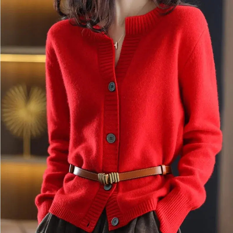 Open stitch design of the cozy cardigan showcasing its loose fit.