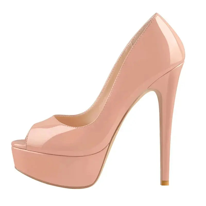 Nude patent platform stiletto with open toe design for formal and professional occasions