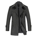 Elegant men's winter coat in premium wool blend with scarf lapel for added sophistication.
