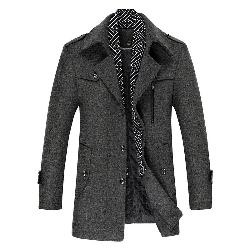 Elegant men's winter coat in premium wool blend with scarf lapel for added sophistication.