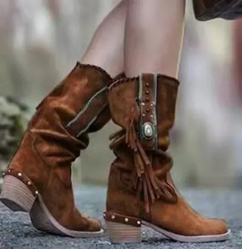 Faux suede boots with square heel and decorative tassels for free-spirited style