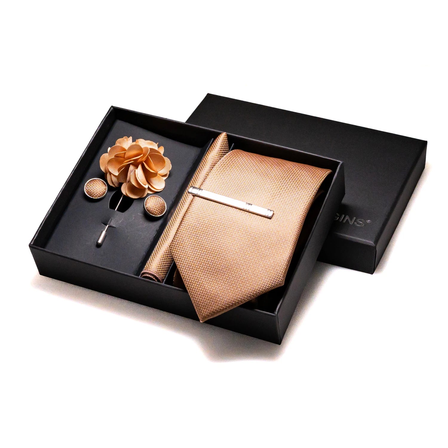 Premium gift set with silk tie, pocket square, cufflinks and decorative corsage