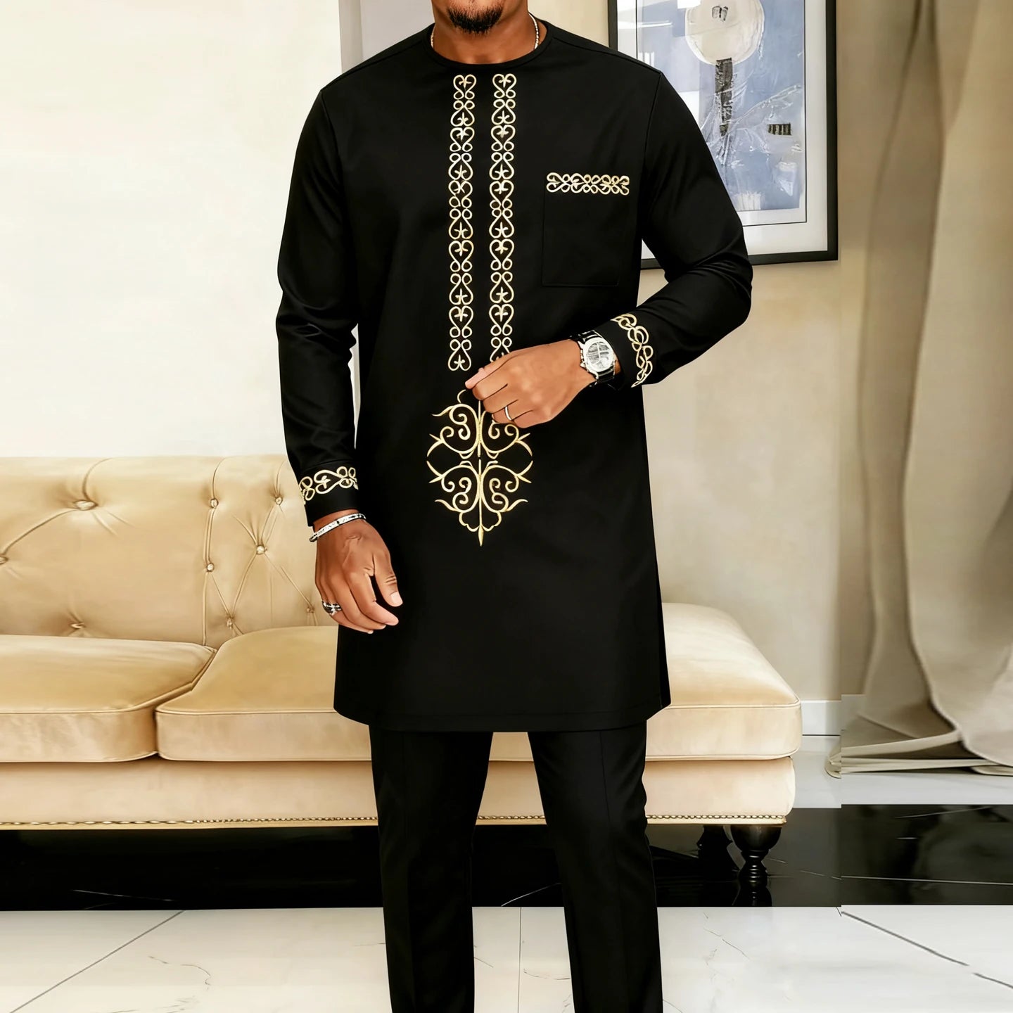 Men's African Kaftan 2-Piece Set – Long Sleeve Blouse & Pants
