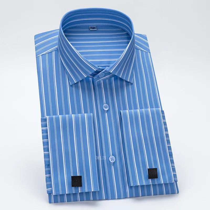 Formal dress shirt featuring French cuffs and bold Windsor spread collar