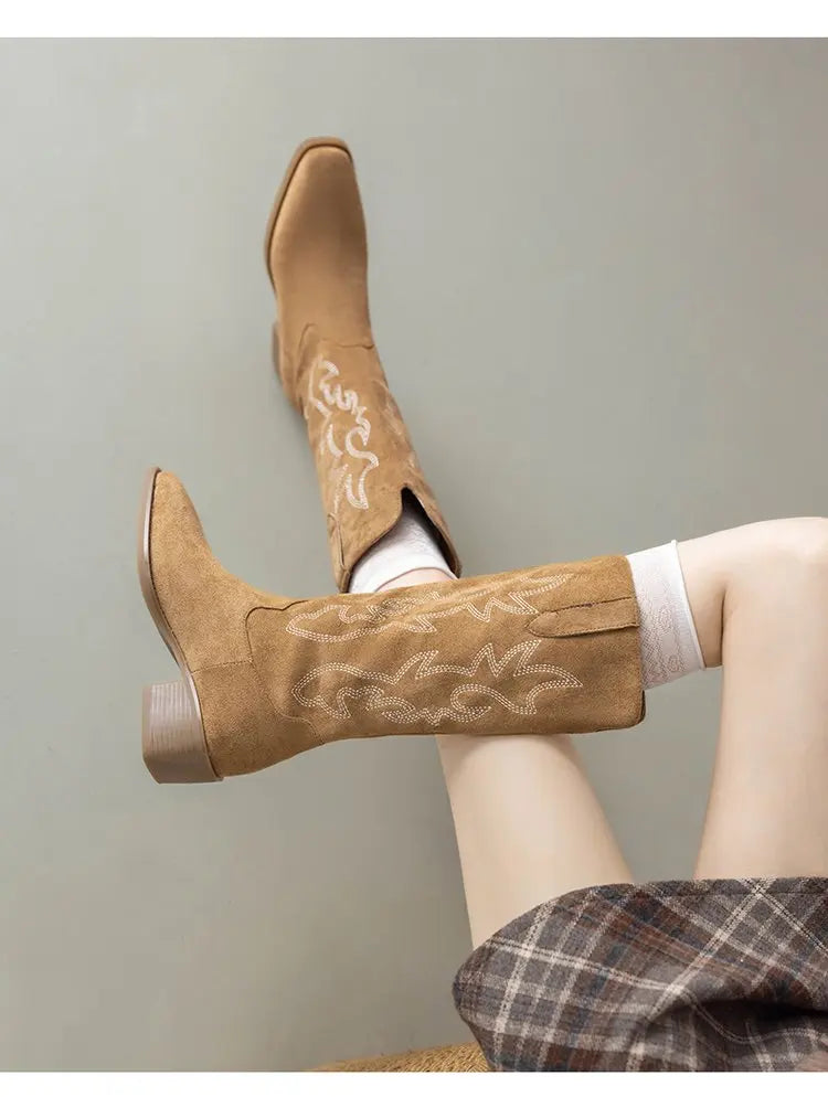 Embroidered leather cowboy boots on wooden floor showing craftsmanship detail