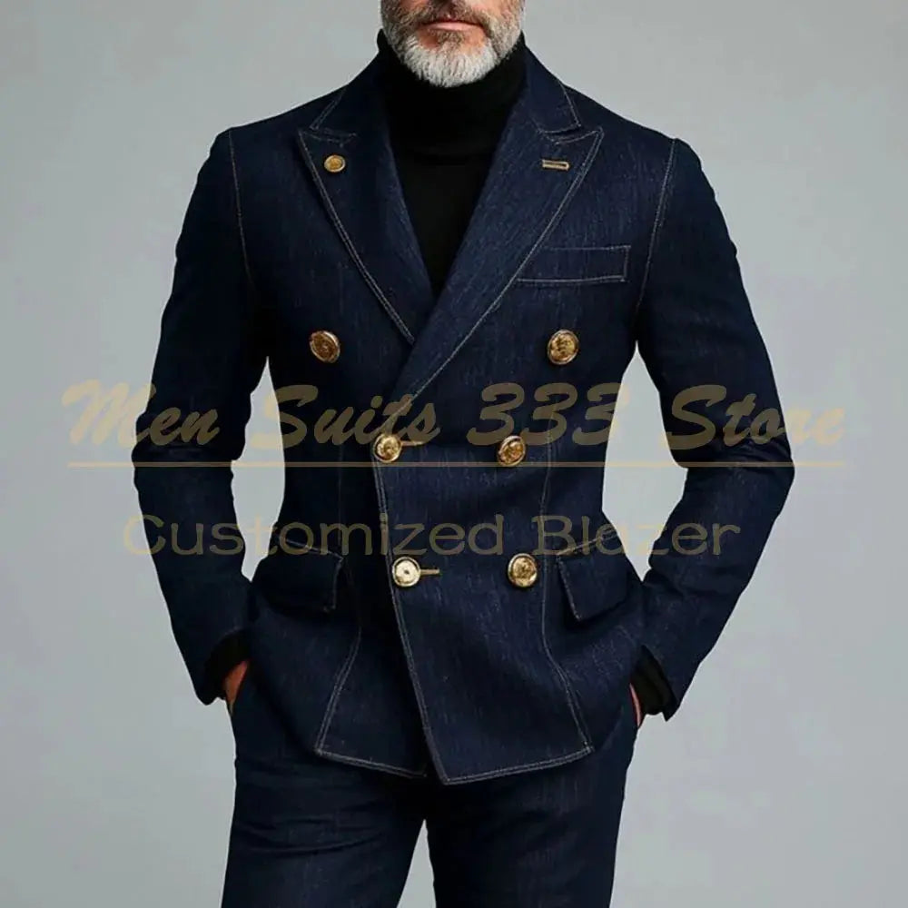 Model wearing the Peak Lapel Denim Suit at a gala, exuding confidence and sophistication.