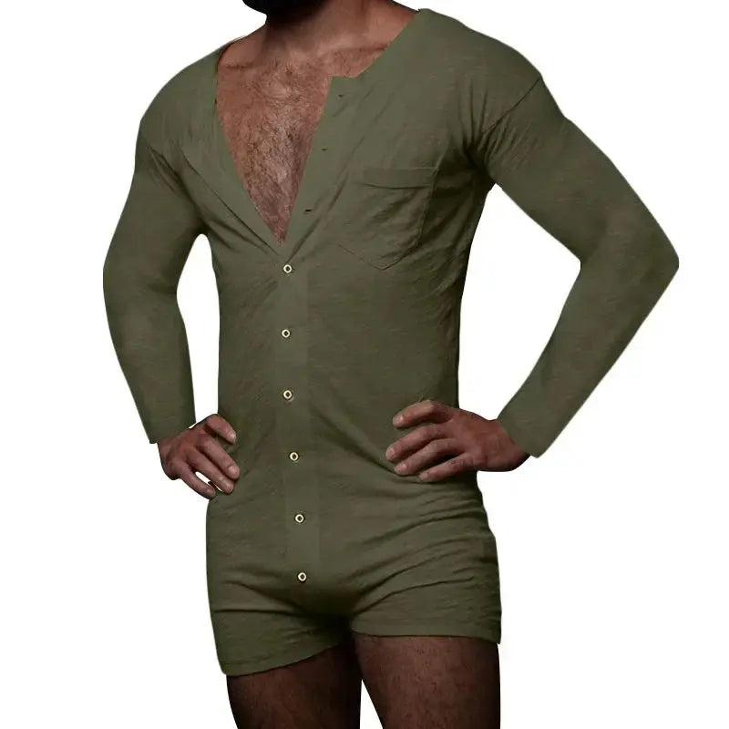 Easy care men's jumpsuit, machine washable and designed to stay crisp with minimal effort.