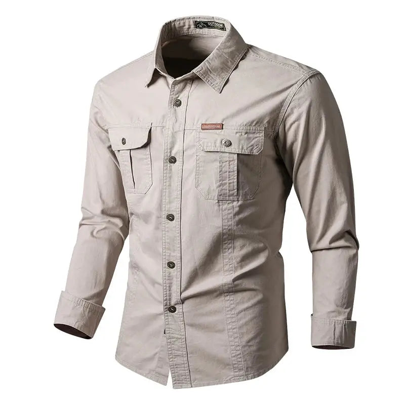 Detail shot of the sharp collar and button closure on the Refined Cotton Commander Shirt.