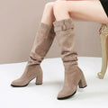 Mid-calf suede boots with waterproof finish and elegant pleated texture detail