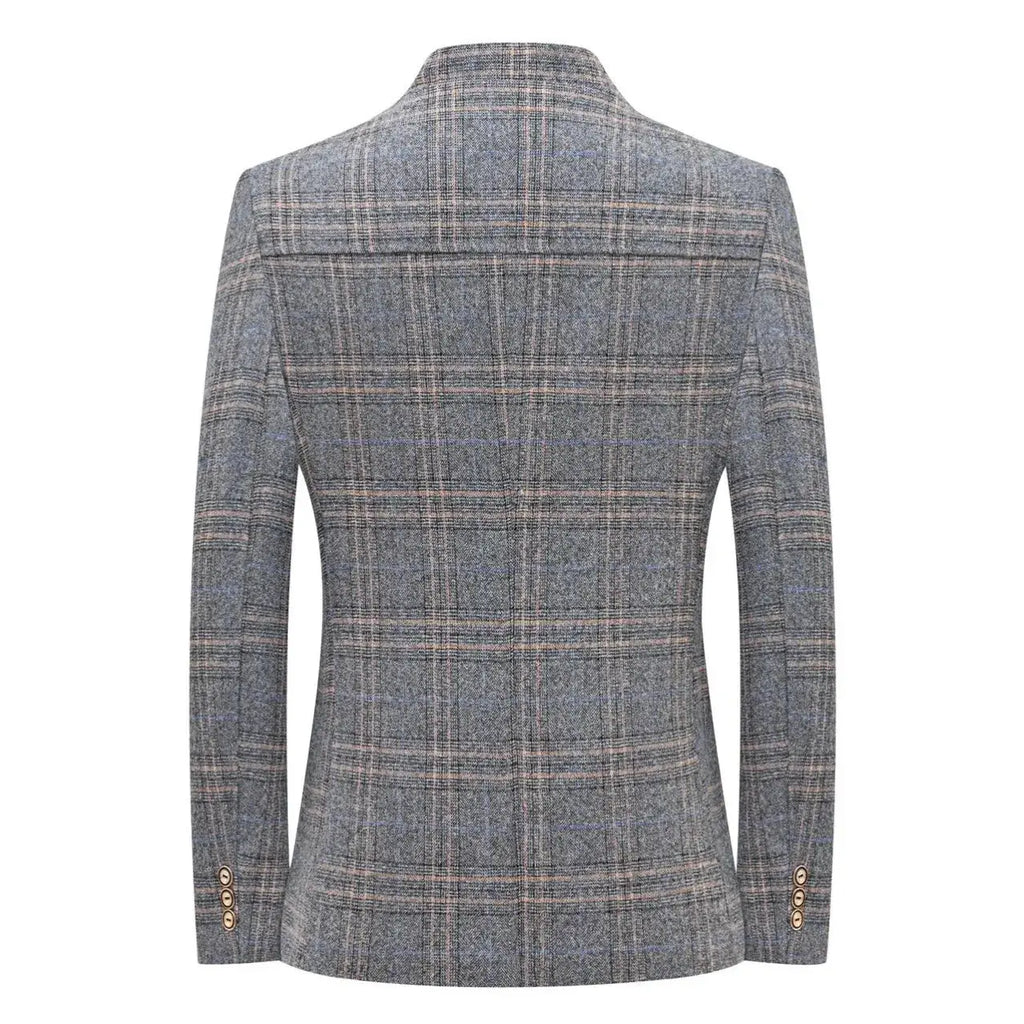 Close-up of the mandarin collar on a stylish striped blazer, perfect for upscale menswear.