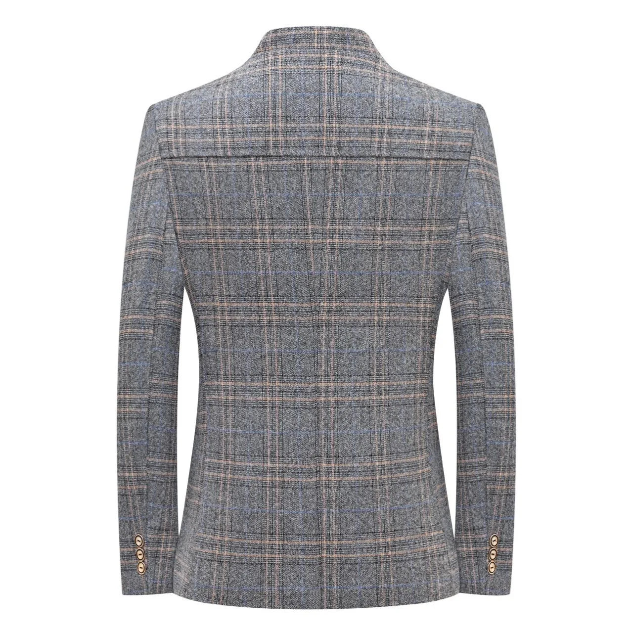 Close-up of the mandarin collar on a stylish striped blazer, perfect for upscale menswear.