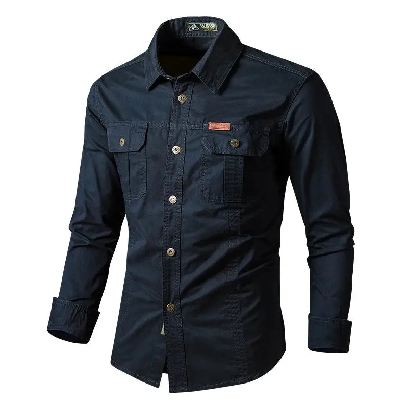 Detail shot of the shirt's collar and buttons, showcasing meticulous craftsmanship and premium quality.
