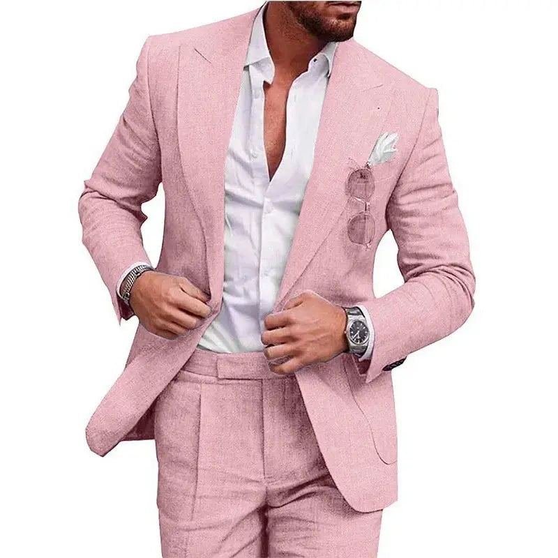 Men's linen suit styled with casual elegance, suitable for beach parties.