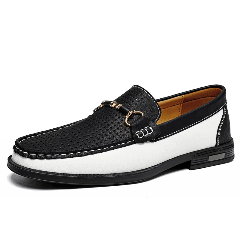 Pair of brown leather driving loafers with breathable ventilation construction