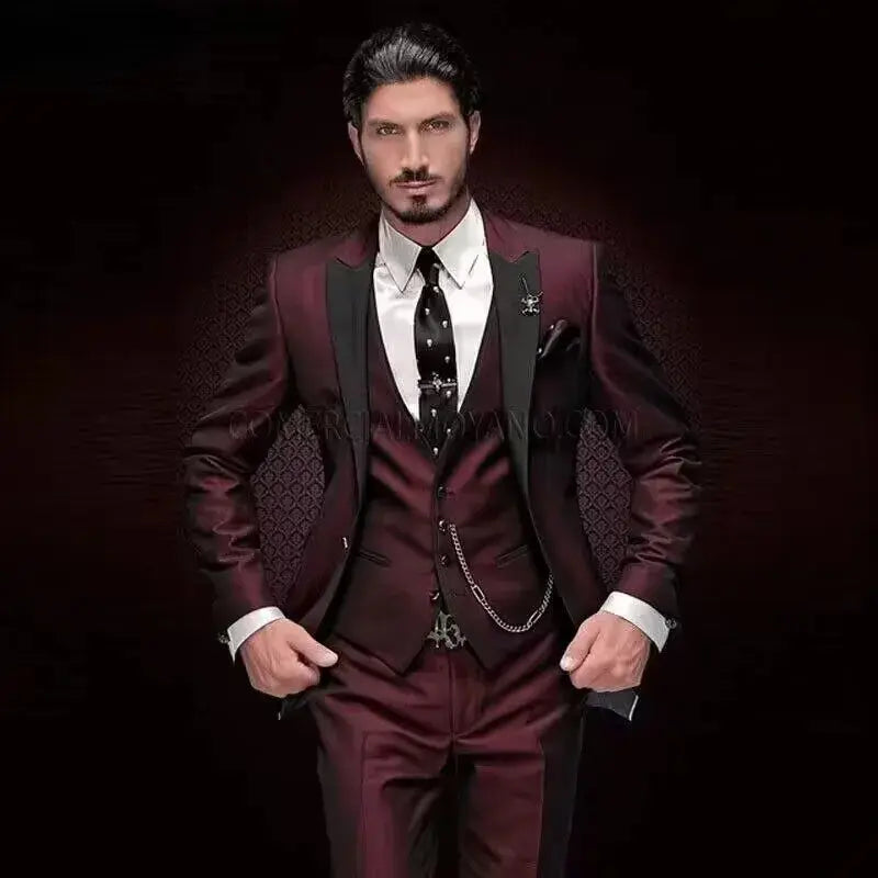 Sleek black three-piece suit set with single-breasted blazer and sharp turn-down collar.