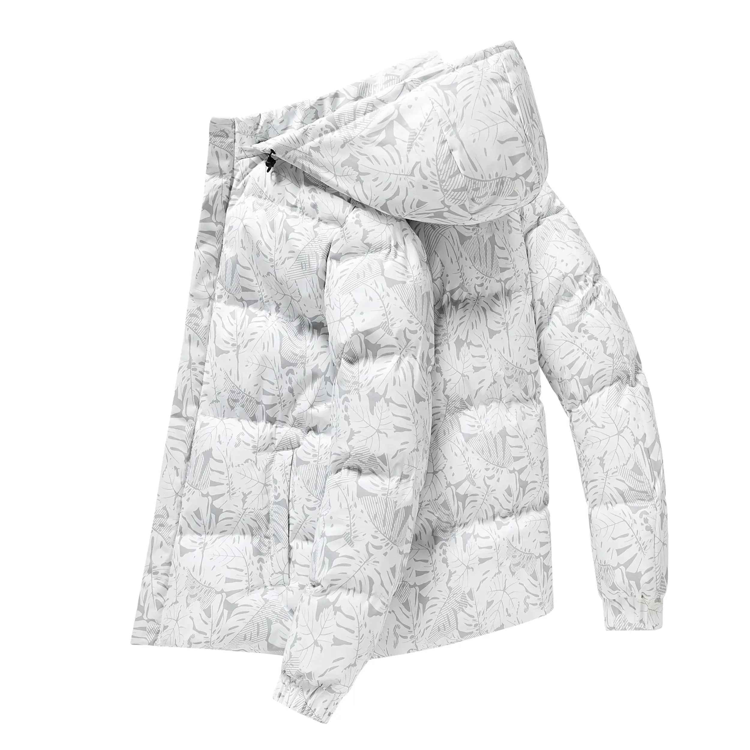 Winter's Embrace jacket displayed in a snowy outdoor setting, highlighting warmth.